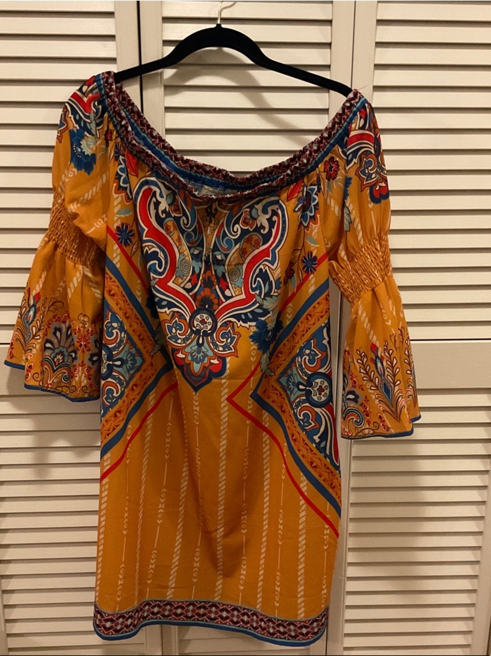 Flying Tomato Mustard Off-Shoulder Midi Dress with Multicolor Paisley Print